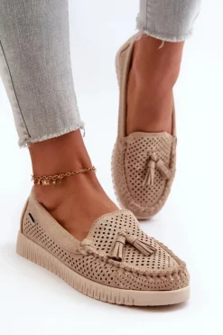 Boto Loafersy Damskie|Mokasyny Damskie Skórzane*Ażurowe Mokasyny Damskie Z Eko Zamszu Złote Tinami