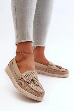 Boto Loafersy Damskie|Mokasyny Damskie Skórzane*Ażurowe Mokasyny Damskie Z Eko Zamszu Złote Tinami