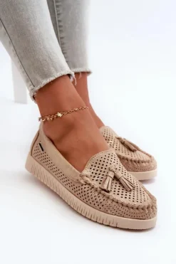 Boto Loafersy Damskie|Mokasyny Damskie Skórzane*Ażurowe Mokasyny Damskie Z Eko Zamszu Złote Tinami