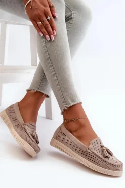 Damskie Boto Ażurowe Mokasyny Damskie Z Eko Zamszu Beżowe Tinami
