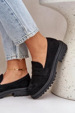 Boto Mokasyny Damskie Zamszowe*Ażurowe Mokasyny Na Płaskim Obcasie Czarne Inestelle