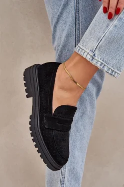 Boto Mokasyny Damskie Zamszowe*Ażurowe Mokasyny Na Płaskim Obcasie Czarne Inestelle