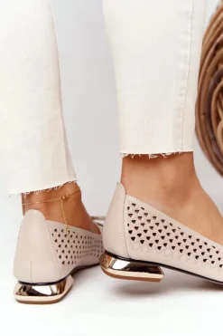 Buty damskie Vinceza Mokasyny Damskie Skórzane*Ażurowe Mokasyny Na Złotym Obcasie Vinceza 21-10602 Złote