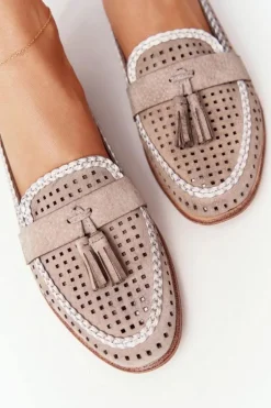 Buty Sergio Leone Mokasyny Damskie Zamszowe*Ażurowe Mokasyny Sergio Leone MK735 Beżowe