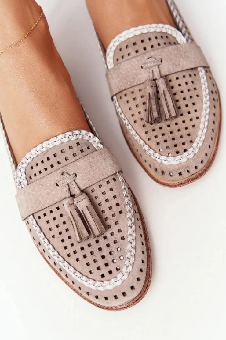 Buty Sergio Leone Mokasyny Damskie Zamszowe*Ażurowe Mokasyny Sergio Leone MK735 Beżowe