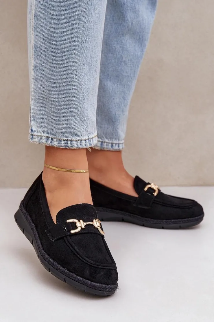 Discount Boto Ażurowe Mokasyny Ze Złotym Detalem I Jutową Plecionką Czarne Lainer