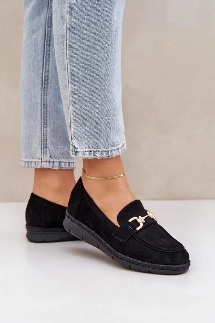 Discount Boto Ażurowe Mokasyny Ze Złotym Detalem I Jutową Plecionką Czarne Lainer