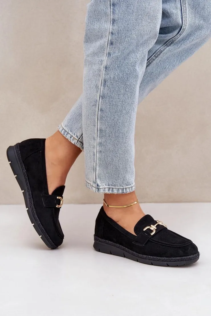 Discount Boto Ażurowe Mokasyny Ze Złotym Detalem I Jutową Plecionką Czarne Lainer