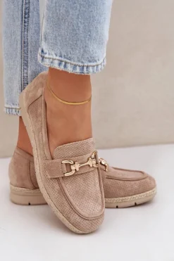 Discount Boto Ażurowe Mokasyny Ze Złotym Detalem I Jutową Plecionką Beżowe Lainer