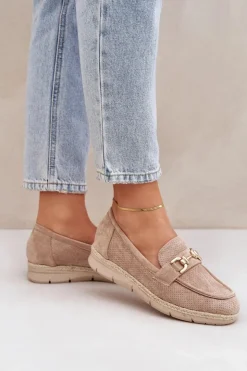 Discount Boto Ażurowe Mokasyny Ze Złotym Detalem I Jutową Plecionką Beżowe Lainer