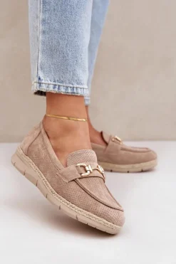 Discount Boto Ażurowe Mokasyny Ze Złotym Detalem I Jutową Plecionką Beżowe Lainer