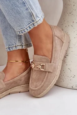 Discount Boto Ażurowe Mokasyny Ze Złotym Detalem I Jutową Plecionką Beżowe Lainer