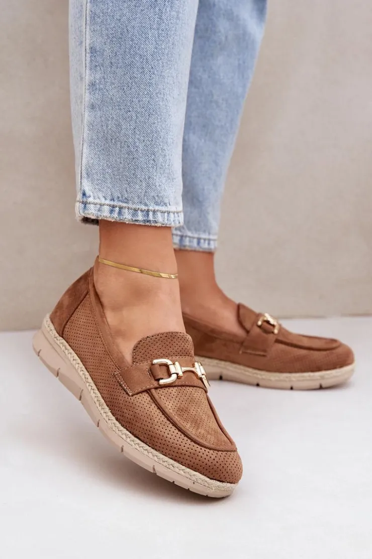 Damskie Boto Ażurowe Mokasyny Ze Złotym Detalem I Jutową Plecionką Brązowe Lainer