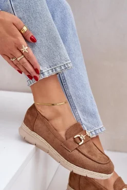 Damskie Boto Ażurowe Mokasyny Ze Złotym Detalem I Jutową Plecionką Brązowe Lainer