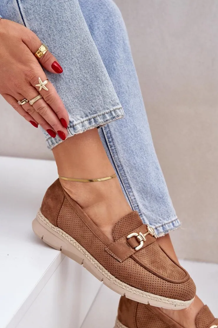 Damskie Boto Ażurowe Mokasyny Ze Złotym Detalem I Jutową Plecionką Brązowe Lainer