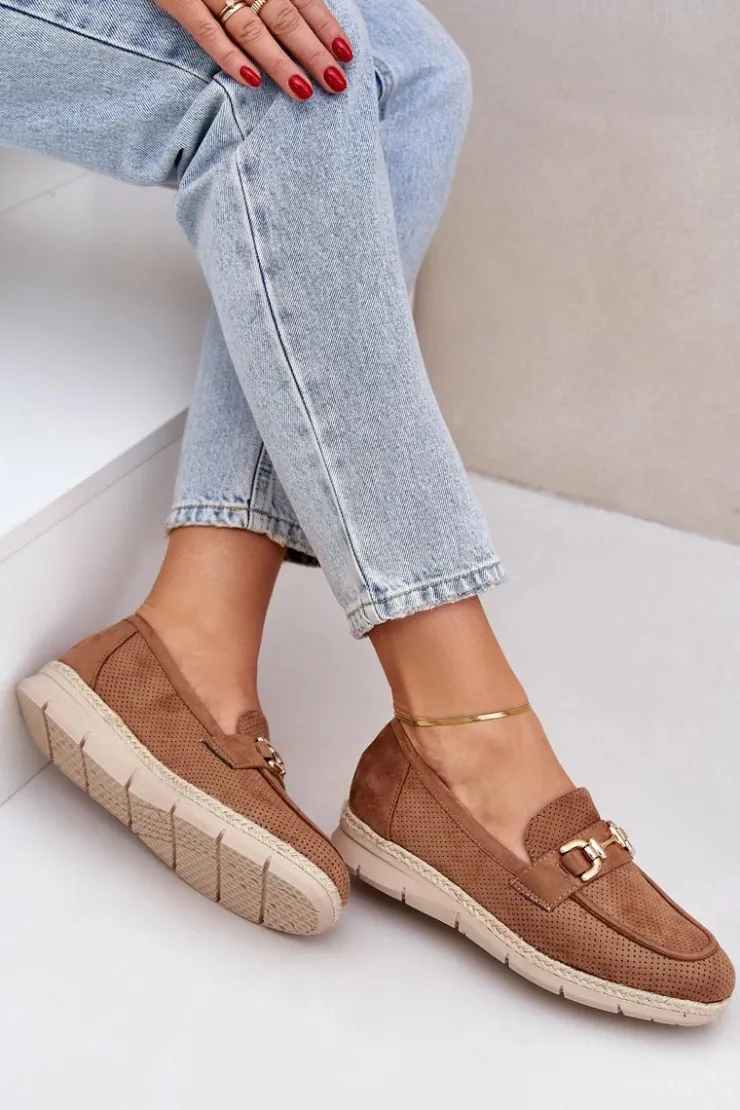 Damskie Boto Ażurowe Mokasyny Ze Złotym Detalem I Jutową Plecionką Brązowe Lainer
