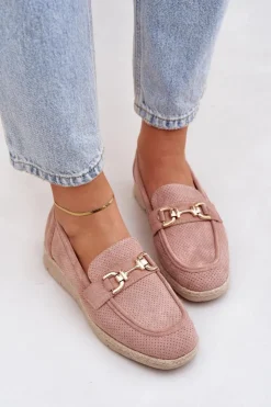 Boto Mokasyny Damskie Zamszowe*Ażurowe Mokasyny Ze Złotym Detalem I Jutową Plecionką Różowe Lainer Różowy