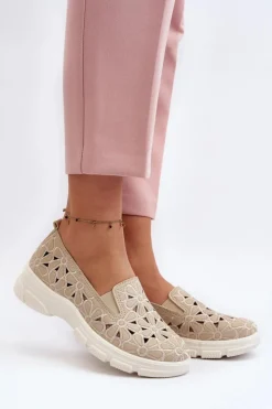 Evento Półbuty Skórzane*Ażurowe Półbuty Damskie Beżowe Emilei Beżowy