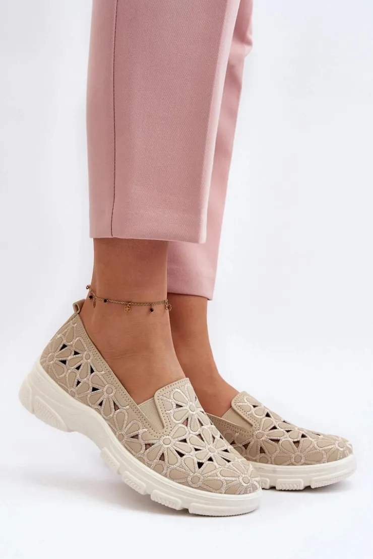 Evento Półbuty Skórzane*Ażurowe Półbuty Damskie Beżowe Emilei Beżowy