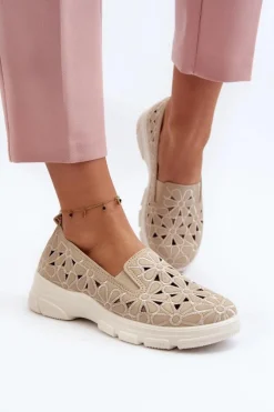 Evento Półbuty Skórzane*Ażurowe Półbuty Damskie Beżowe Emilei Beżowy