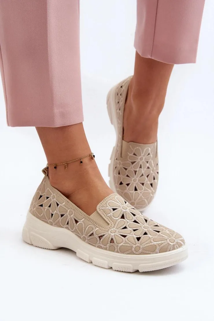Evento Półbuty Skórzane*Ażurowe Półbuty Damskie Beżowe Emilei Beżowy