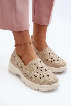 Evento Półbuty Skórzane*Ażurowe Półbuty Damskie Beżowe Emilei Beżowy