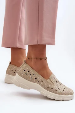 Evento Półbuty Skórzane*Ażurowe Półbuty Damskie Beżowe Emilei Beżowy