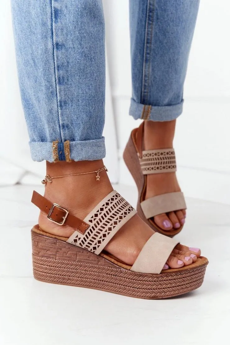 Clearance Damskie buty S.Barski Ażurowe Sandały Na Koturnie S.Barski GD-47 Beżowe