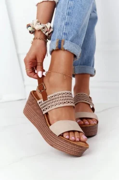 Clearance Damskie buty S.Barski Ażurowe Sandały Na Koturnie S.Barski GD-47 Beżowe