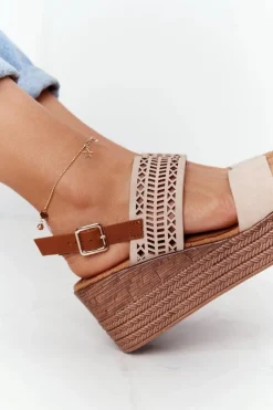 Clearance Damskie buty S.Barski Ażurowe Sandały Na Koturnie S.Barski GD-47 Beżowe