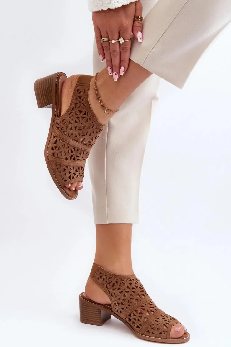 New Boto Ażurowe Sandały Na Obcasie Brązowe Serapina