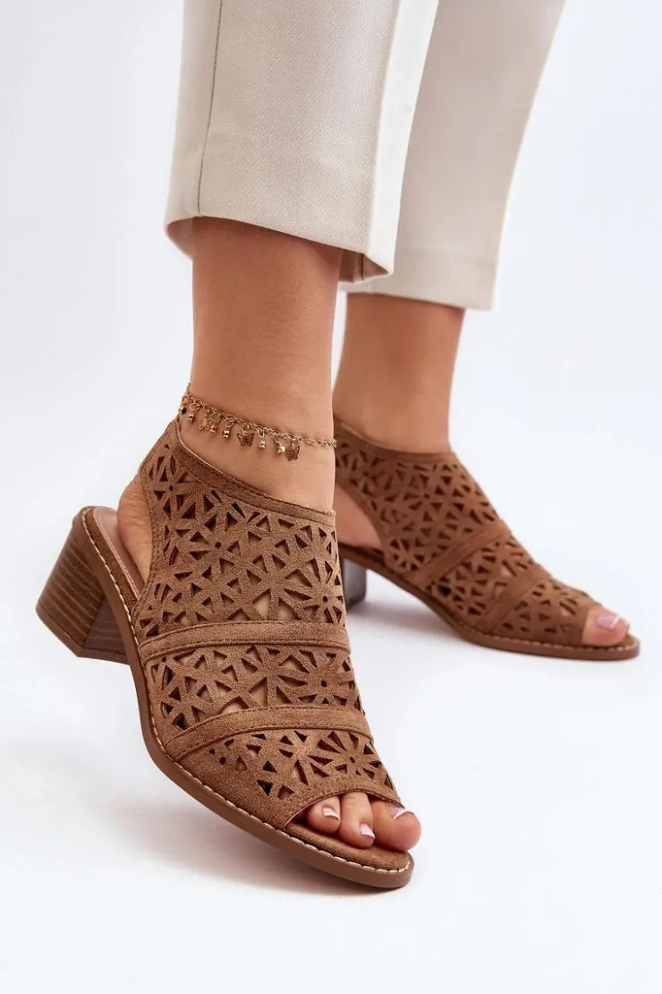 New Boto Ażurowe Sandały Na Obcasie Brązowe Serapina