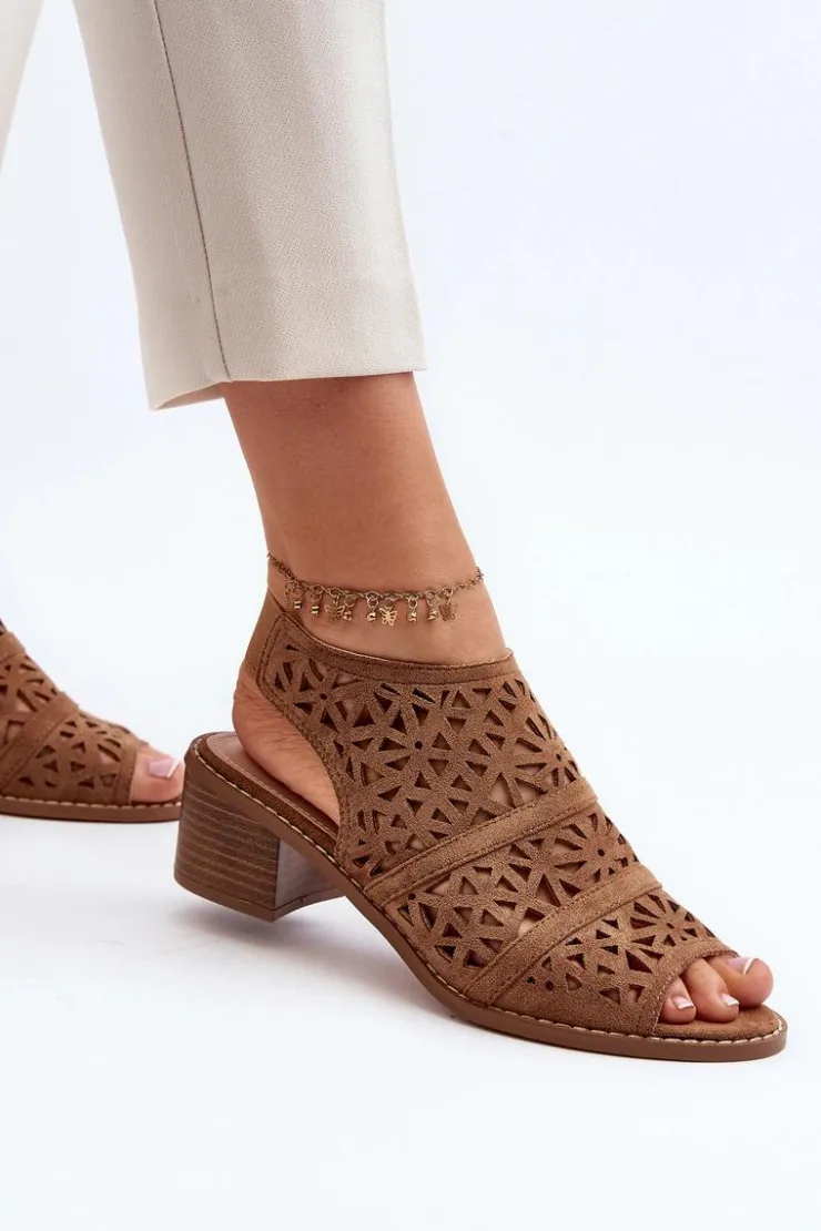 New Boto Ażurowe Sandały Na Obcasie Brązowe Serapina