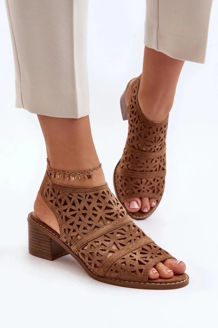 New Boto Ażurowe Sandały Na Obcasie Brązowe Serapina