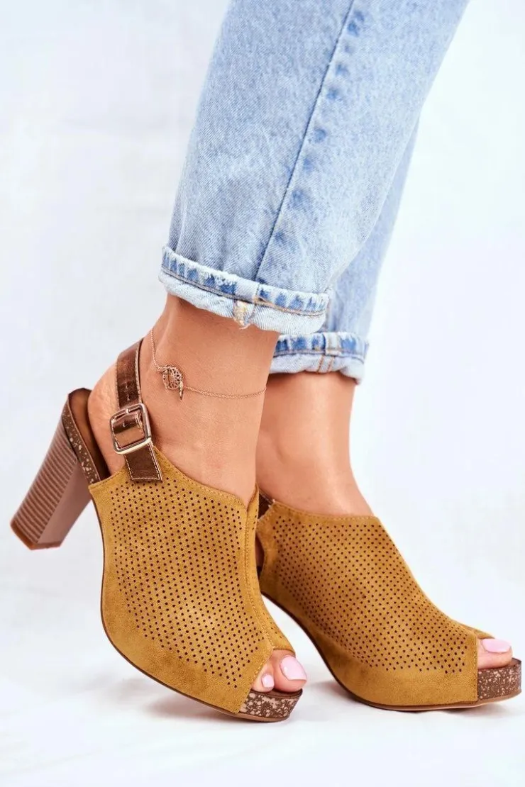 Buty Sergio Leone Sandały Ażurowe|Sandały Na Obcasie*Ażurowe Sandały Na Słupku Sergio Leone SK855 Żółte