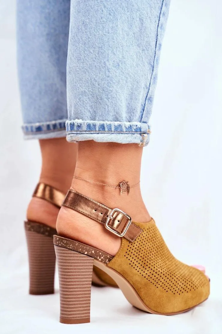 Buty Sergio Leone Sandały Ażurowe|Sandały Na Obcasie*Ażurowe Sandały Na Słupku Sergio Leone SK855 Żółte