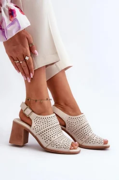 Buty Sergio Leone Sandały Ażurowe|Sandały Na Obcasie*Ażurowe Sandały Na Słupku Sergio Leone SK565 Jasnobeżowe