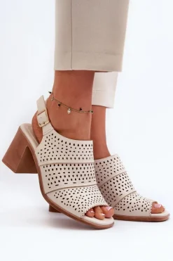 Buty Sergio Leone Sandały Ażurowe|Sandały Na Obcasie*Ażurowe Sandały Na Słupku Sergio Leone SK565 Jasnobeżowe