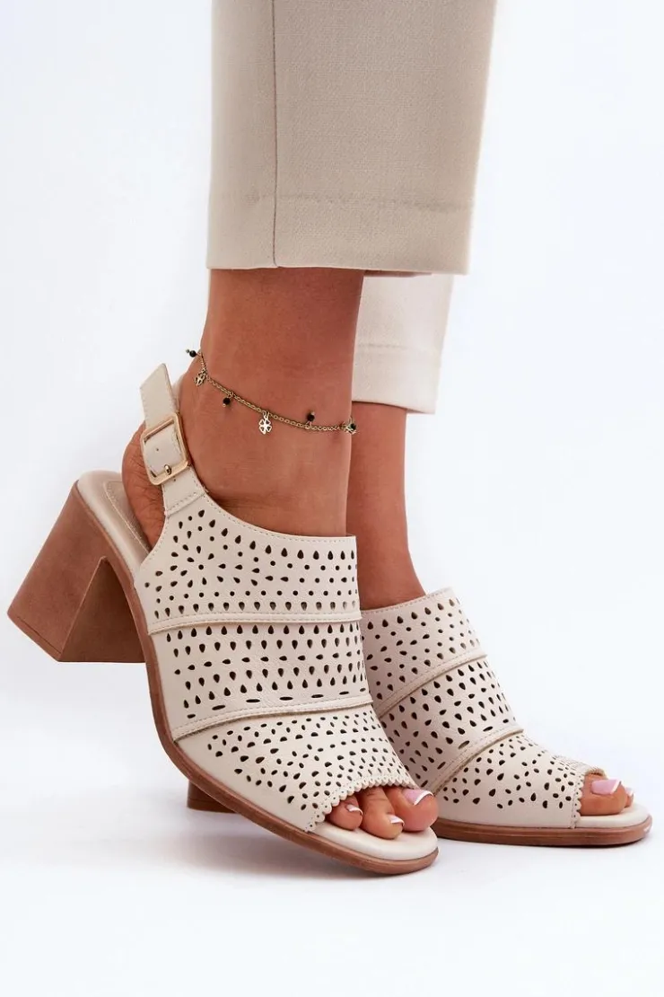 Buty Sergio Leone Sandały Ażurowe|Sandały Na Obcasie*Ażurowe Sandały Na Słupku Sergio Leone SK565 Jasnobeżowe