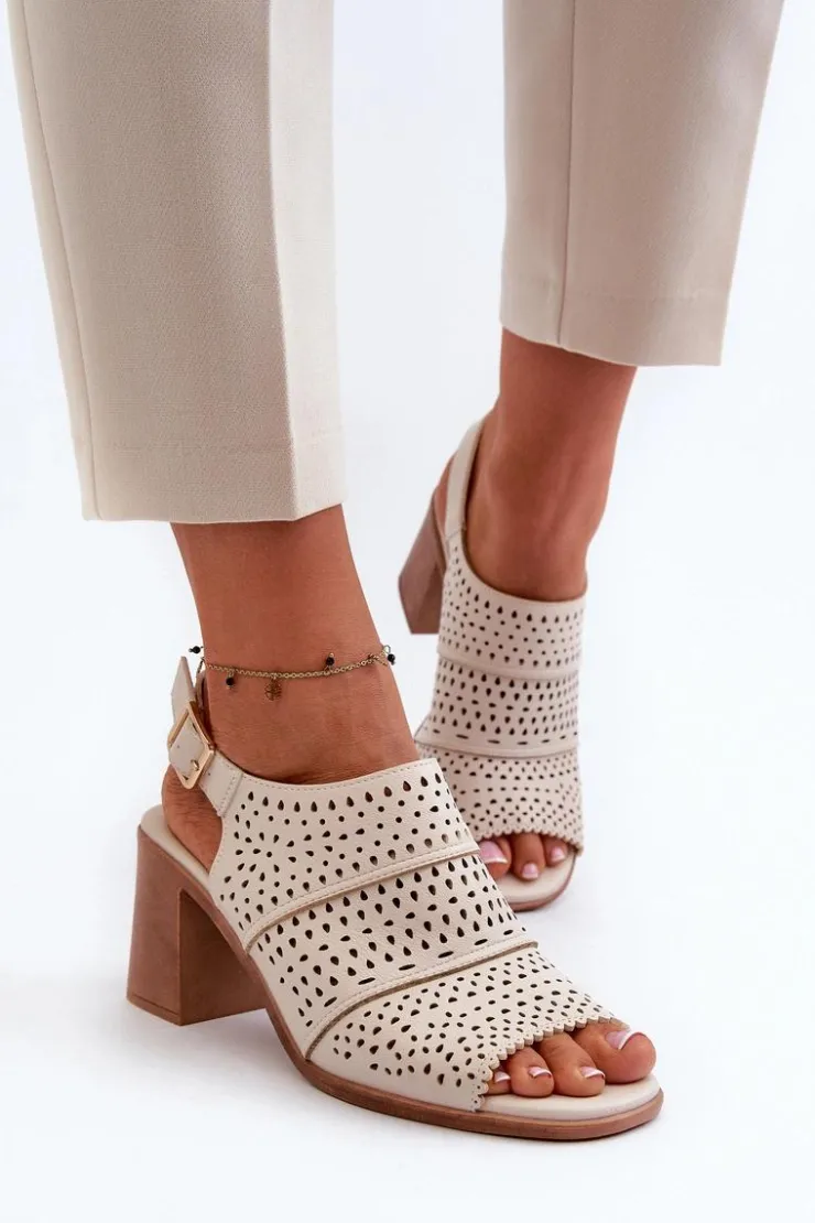 Buty Sergio Leone Sandały Ażurowe|Sandały Na Obcasie*Ażurowe Sandały Na Słupku Sergio Leone SK565 Jasnobeżowe