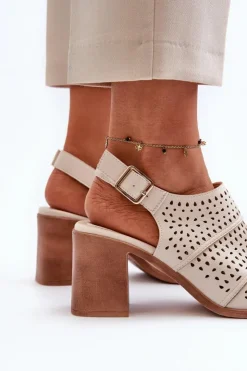 Buty Sergio Leone Sandały Ażurowe|Sandały Na Obcasie*Ażurowe Sandały Na Słupku Sergio Leone SK565 Jasnobeżowe