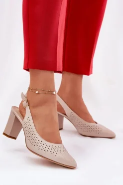 Damskie Buty Sergio Leone Ażurowe Sandały Ze Szpiczastymi Noskami Na Słupku Sergio Leone SK163 Beżowe