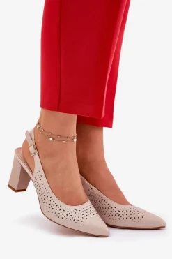 Damskie Buty Sergio Leone Ażurowe Sandały Ze Szpiczastymi Noskami Na Słupku Sergio Leone SK163 Beżowe