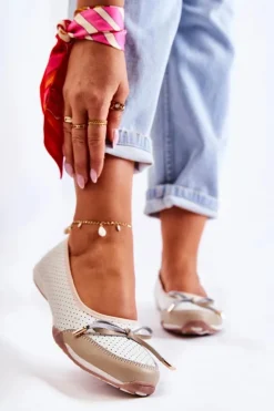 Damskie Evento Ażurowe Skórzane Baleriny Biało-Beżowe Erdola