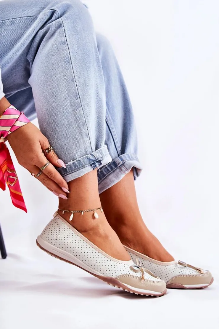 Damskie Evento Ażurowe Skórzane Baleriny Biało-Beżowe Erdola