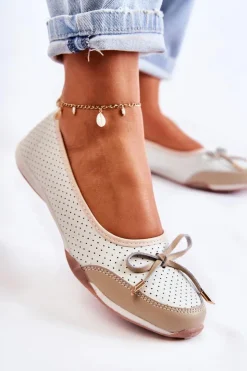 Damskie Evento Ażurowe Skórzane Baleriny Biało-Beżowe Erdola