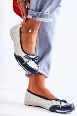 Sale Evento Ażurowe Skórzane Baleriny Biało-Granatowe Erdola