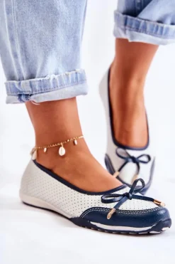 Sale Evento Ażurowe Skórzane Baleriny Biało-Granatowe Erdola