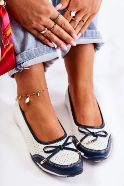 Sale Evento Ażurowe Skórzane Baleriny Biało-Granatowe Erdola