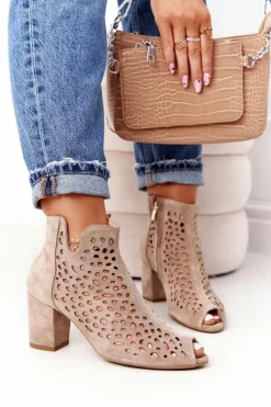 Boto Botki Wiosenne|Botki Na Słupku*Ażurowe Skórzane Botki Na Słupku Exquisite 1184 Beżowe